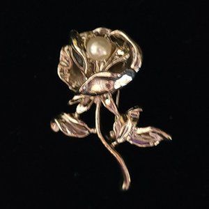 Lovely ROSE Pin Silver Finish Faux Pearl Vintage Brooch MCM Jewelry 6362